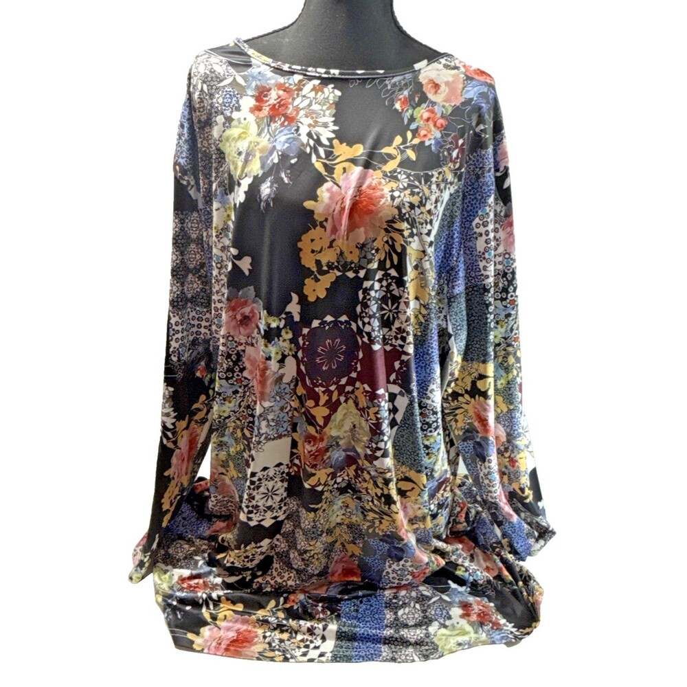 Women's 2XL Long Sleeve Dress Knee Length Floral Stretchy Multicolored Shirt